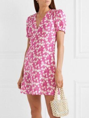 NWOT HVN Paula Silk Mini Strawberry Print Puff Short Sleeve Dress Pink White